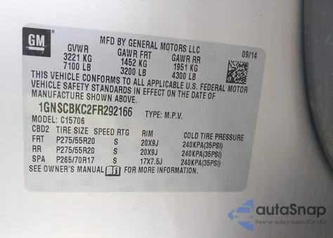 2015 Chevrolet Tahoe Lt из США, поврежденный, VIN 1GNSCBKC2FR292166